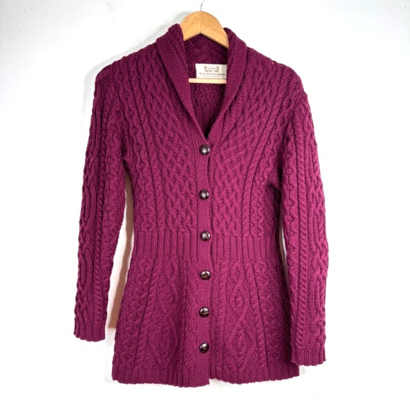 Aran Merino Wool Cardigan XS Ireland Cable Knit Fisherman Burgundy Purple Button - Picture 1 of 9